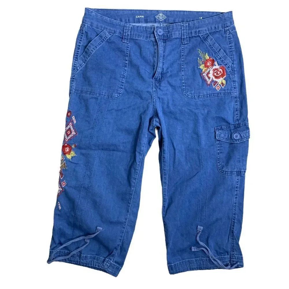 Embroidered High Rise Capri Pants 12 Blue Chambray Patch Pockets Button Zip